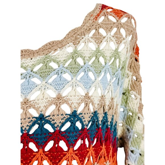 Free People Crochet Fringe Scalloped Hem Knit Poncho Top | Coastal Cowgirl Boho - Picture 3 of 16